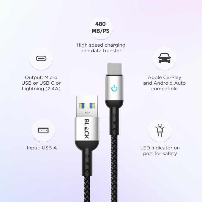 BLACK Cable Strong&Fast Nylon USB A to C, 25000+ bend, LED, 1.2m, 1Yr warranty BLACK Cable Strong&Fast Nylon USB A to C, 25000+ bend, LED, 1.2m, 1Yr warranty